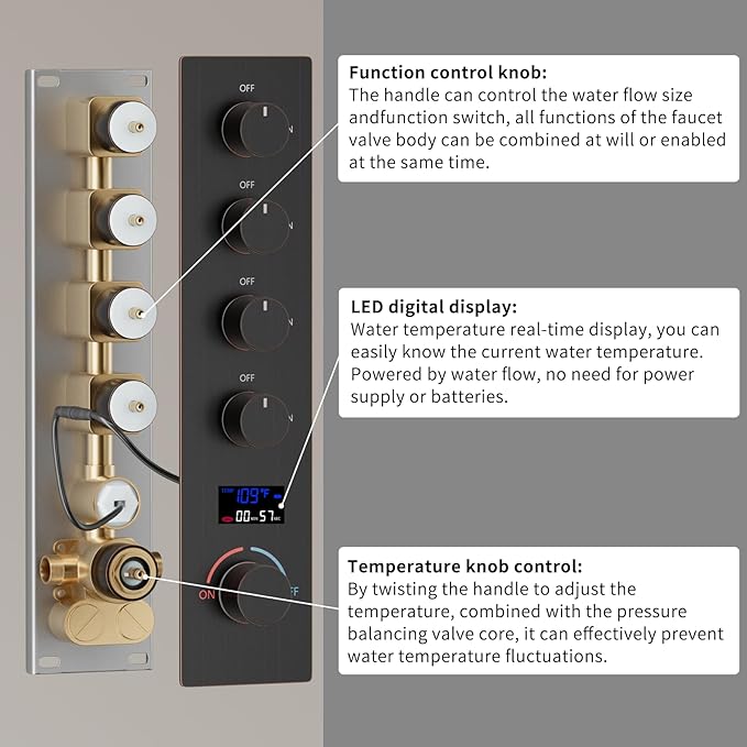 Oil Rubbed Bronze Digital Display Shower System with 12 inch Ceiling Mounted Shower Head and Wall Mounted Two Shower Head(8 inch), with Handheld Shower
