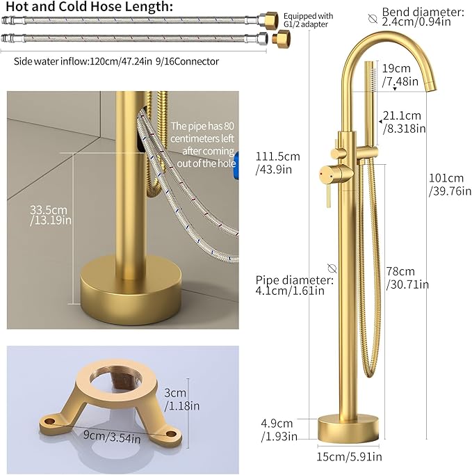 Freestanding Bathtub FaucetFloor Mount Bathtub Filler Shower Mixer Faucet with Handheld Shower Sprayer Swivel, Side Inlet，Gold