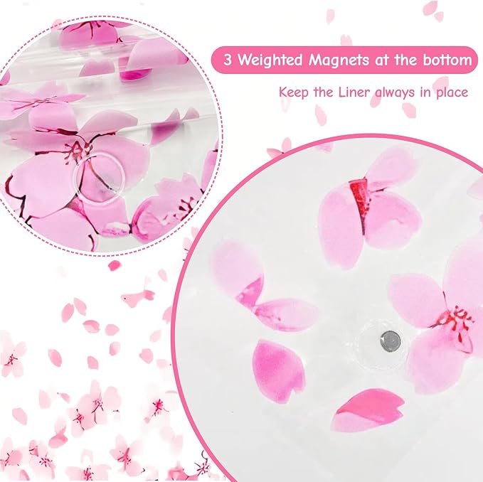 Clear Pink Floral Shower Curtain Liner, Cute Plastic Transparent Cherry Blossom Shower Curtain, Girly Flower Petals Spring Shower Curtains for Bathroom, 72x78 Shower Curtain Set with Magnets 12 Hooks