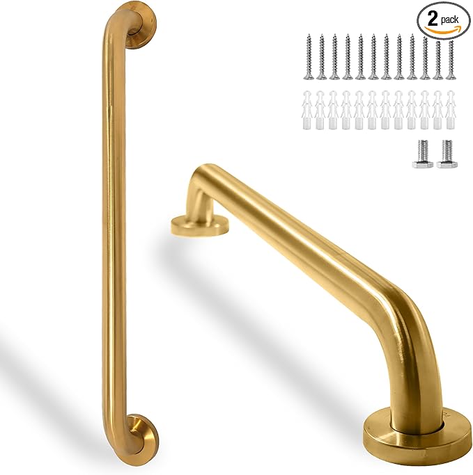 Shower Grab Bar, 2 Pack 24 Inch Gold Bathroom Safety Bar, 1.25" Diameter 304 Stainless Steel Grab Bars for Bathtubs and Showers, Handicap Shower Grab Bar for Seniors Elderly