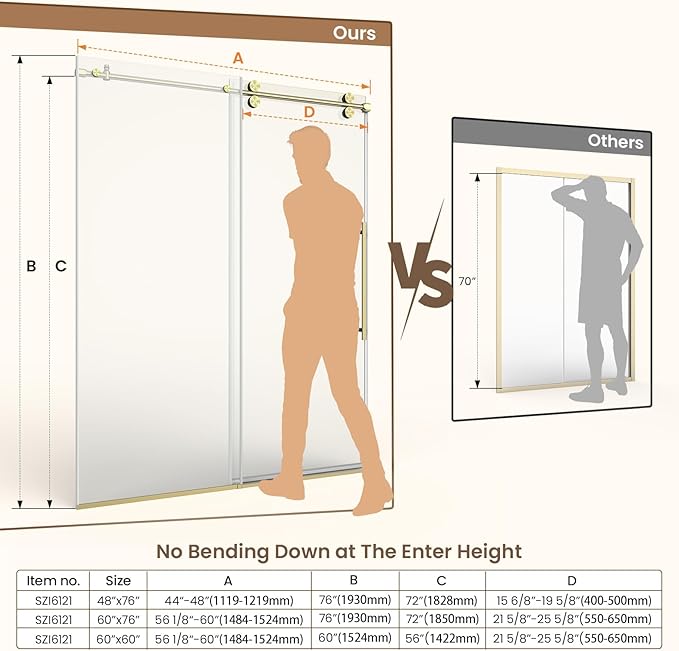 Bathbliss Glass Shower Door 56"-60" Wx76 H,Frameless Sliding Glass Door with 5/16"(8mm) Tempered Glass Shower with Brushed Gold Finish