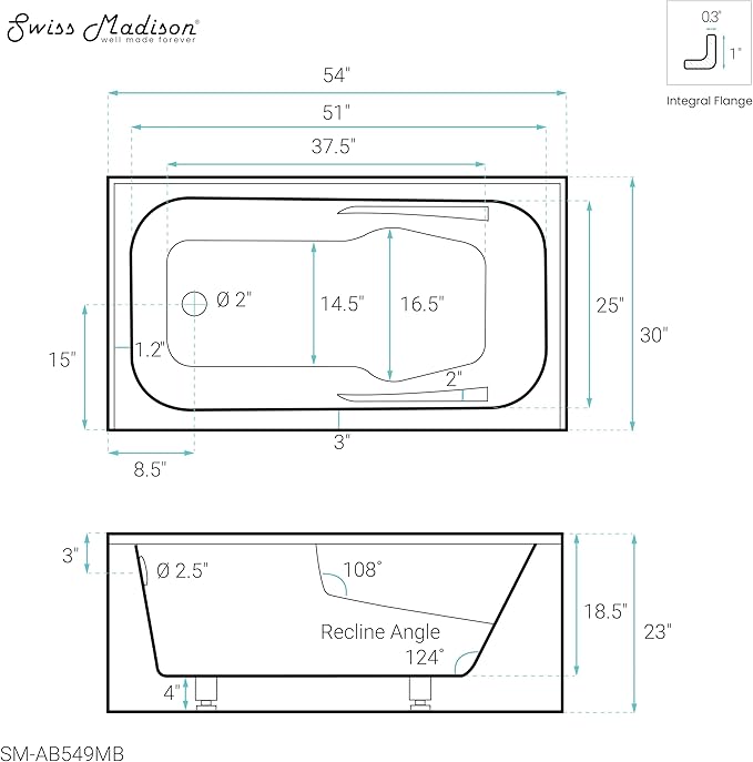 Voltaire 54 in. x 30 in. Acrylic Matte Black, Alcove, Integral, Left-Hand Drain, Apron Bathtub