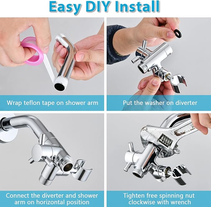 PDPBath Solid Brass 3 Way Shower Arm Diverter Valve with Handheld Holder for Dual Shower Heads with G1/2 Universal Connection - Chrome