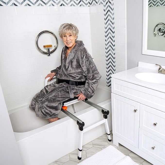 ShowerGlyde SG3 - FSA HSA Eligible | Sliding Transfer Bench for Tight Spaces, Swivel Seat, Grab Bar, and Height Adjustable - Ideal Sliding Shower Chair for Compact Bathrooms