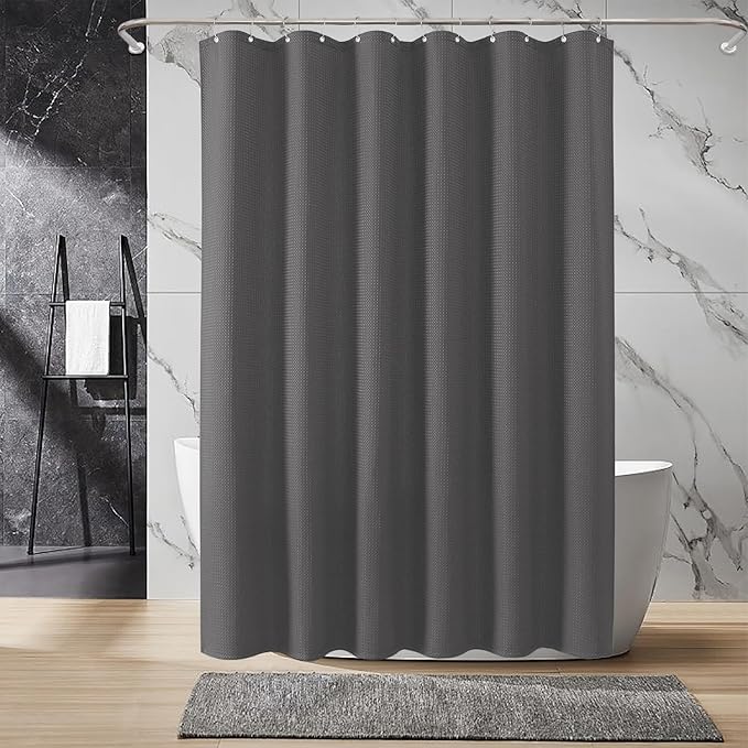 Inhousolu Fabric Shower Curtain Waffle Weave, Graphite Grey 230 GSM Heavy Duty, Weighted Hem, 14 Metal Hooks, Water Repellent, Machine Washable, Hotel Spa Luxury Bath Curtain Set, 72 x 72 Inch
