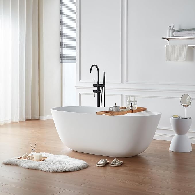 Cpingao 59" Solid Surface Freestanding Bathtub, Stone Resin Soaking Tubs, Stand Alone Tub with Pop-up Drain and Overflow, Matte White 8823A-1500