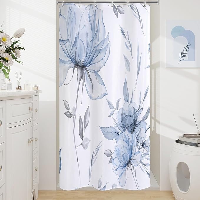 Small Stall Boho Watercolor Floral Shower Curtain 36 x 72, Blue and Grey Ink Painting Style Flower Shower Curtains for Chic Elegant Bathroom, Artistic Narrow Half Size Shower Curtain