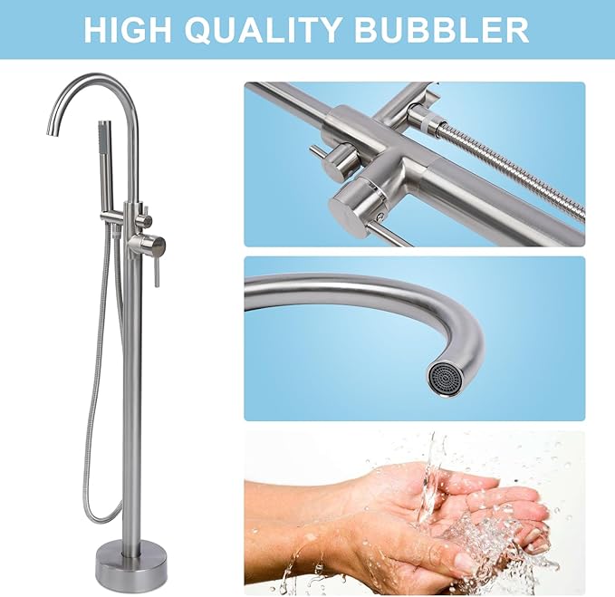 Freestanding Bathtub Faucet, Floor Mount Bathtub Faucet with 2 Water Outlet Mode, Swivel Gooseneck Spout with Hand Shower, Brass Single Handle Tub filler, Max Flow Rate 7.4 GPM,Brushed Nickel