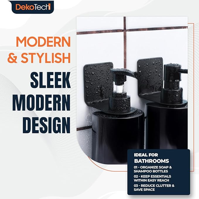 Wall-Mounted Shower Bottle Holder, Adhesive Shampoo and Soap Dispenser Rack, Black, No-Drill Bathroom Organizer, 2 Pack