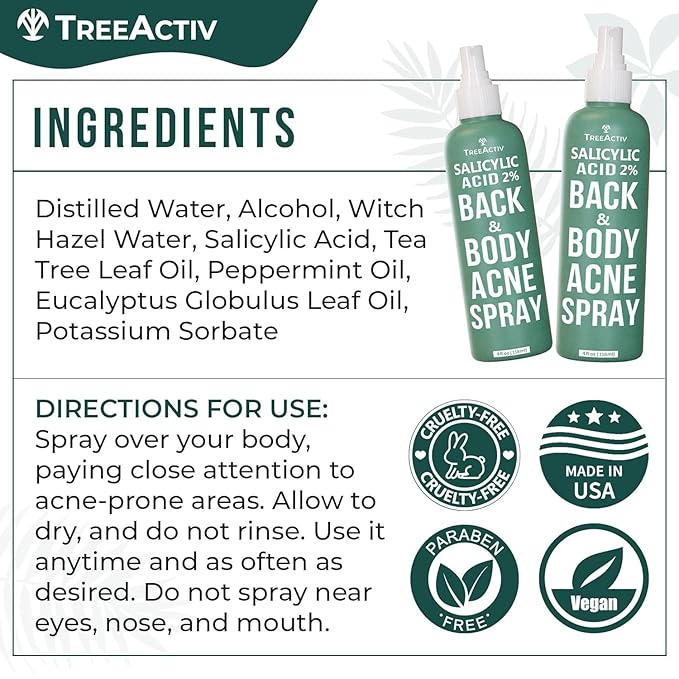 Salicylic Acid Back & Body Acne Spray, Back Acne Solution For Women And Men, Acne Body Spray with Tea Tree Oil, Fast-Drying Back Acne Spray, Fine Mist, Back Acne Spray, 4 fl oz, 2-pack