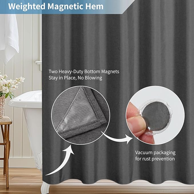 2-in-1 Waterproof Fabric Shower Curtain or Liner,Linen Textured,Breathable TPU & Washable Bathroom Shower Curtain Set with 12 Plastic Hooks,Modern,72"x72" Charcoalgrey