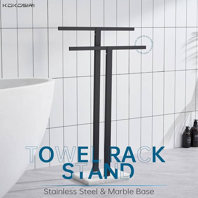 KOKOSIRI Bathroom Towel Rack 2-Tier Standing Towel Racks with Marble Base, Stainless Steel Freestanding Towel Bars, Thicken Steady Design, Matte Black THS0001-BK