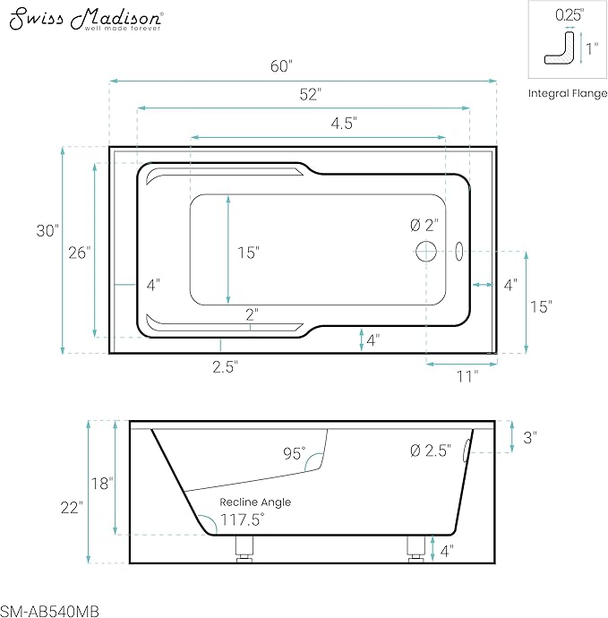 Swiss Madison Well Made Forever SM-AB540MB Voltaire Skirted Alcove Bathtub, 60" x 30", Matte Black