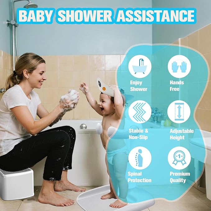 Adjustable Baby Shower Stand Support - Safety & Non-Slip Baby Bath Stand, Toddler Shower Stand for Infants 6-36 Months, Standing Bathtub Max 55 Lbs Capacity, Includes Shower Cap and Stool(Grey)