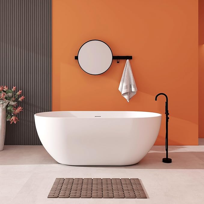 Premium 59" Solid Surface Freestanding Bathtub, Upgraded Oval Stone Resin Tub with Overflow and Pop-up Drain, Matte White
