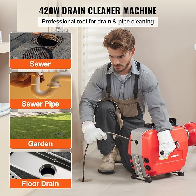 VEVOR 120FT x 7/8 Inch Drain Cleaner Machine, 420W Electric Sewer Snake Auger Manual Feed - with 6 Cutters, 2 Steel Cables (120' x 7/8" and 18' x 3/8") & CW/CCW Control for 1.9" to 6" Pipes