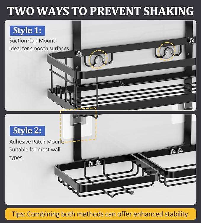 OMAIRA Shower Caddy Hanging with Soap Scrub Holder, Stainless Steel Adjustable No Drilling Non-Slip Large Capacity Sturdy Over Shower Head Shower Organizer Inside Shelves Bathroom Storage Rack, Black