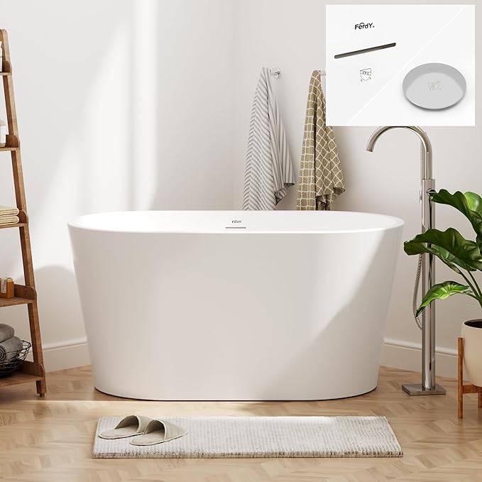 FerdY Shangri-La 47" Acrylic Freestanding Bathtub, Small Classic Oval Shape Acrylic Soaking Bathtub with Chrome Drain & Minimalist Linear Design Overflow, Modern White, cUPC Certified