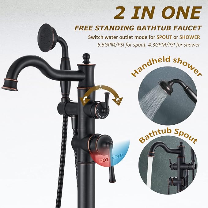 Freestanding Floor Mount Tub Filler with Handheld Shower Roman Bathtub Faucet by ORB Finish, Swivel Spout with Brass Rough-in and Water Hose