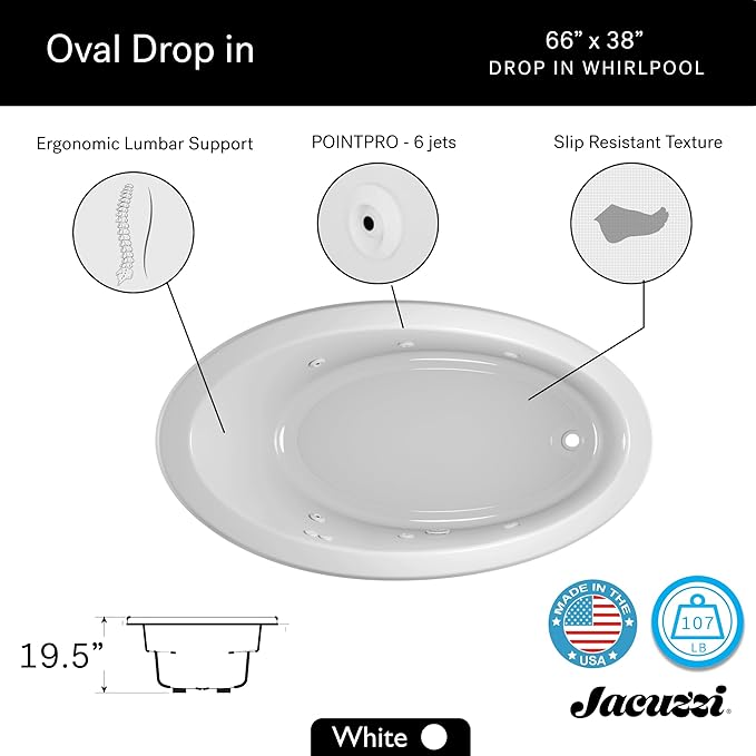 Jacuzzi SIGNATURE Acrylic Drop-In Bathtub, Jet Massage Tub, Slip Resistant, Right Drain Placement, 66" (L) x 38" (W), Oval, Oyster