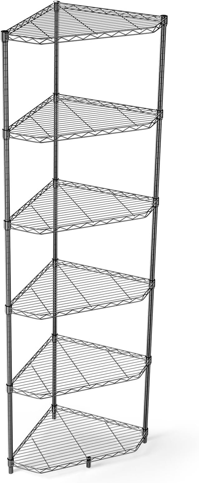 Black 6 Tier NSF Metal Pentagonal Corner Wire Shelving Units, 600lbs Storage Rack with Feet for Kitchen, Utility Room, Warehouse, 72" H x 20" L x 20" W
