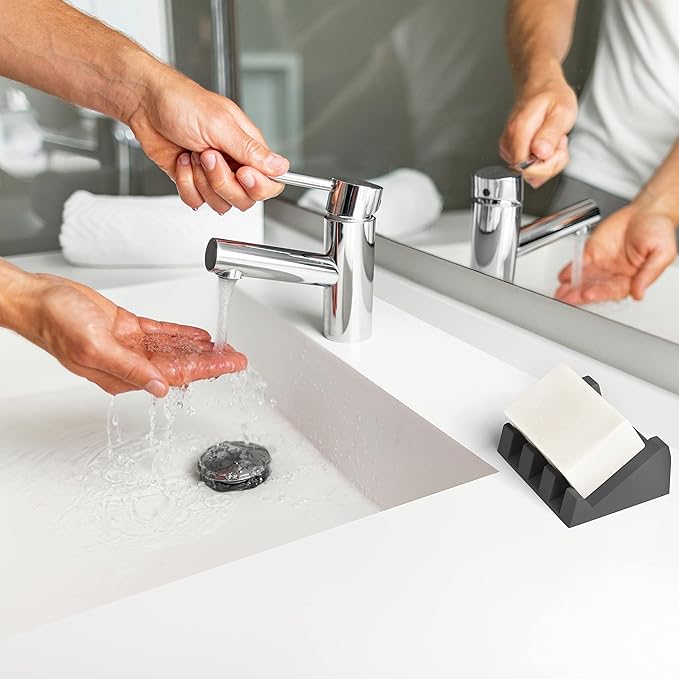 Silicone Soap Dish (USA Patented) Self Draining Bar Soap Holder for Shower Bathroom Sink, Drying Soap Dish Tray Kitchen Sponge Holder Easy Cleaning Soap Saver Mat (Dark Grey, 2)