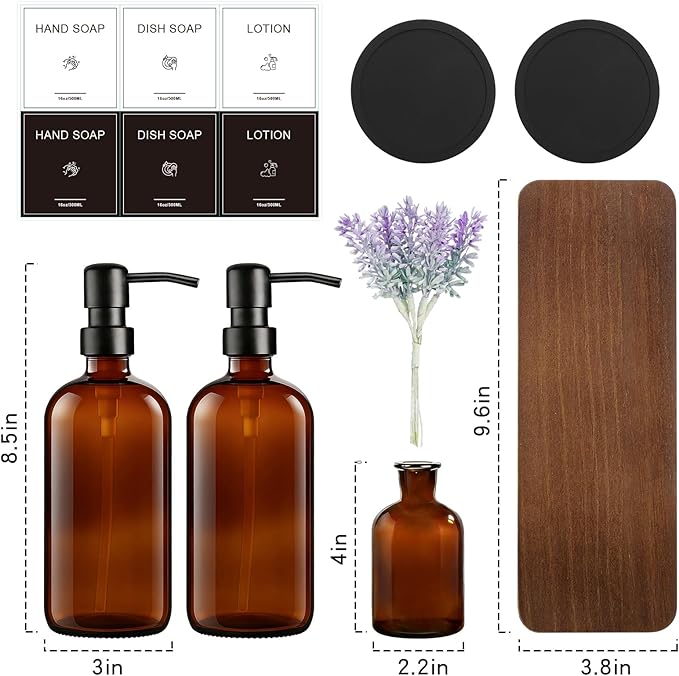 KEYWING Kitchen Soap Dispenser Set with Wood Tray, 16oz Amber Glass Soap Dispensers with Stainless Steel Pumps, Hand and Dish Soap Dispenser Set for Kitchen, Soap and Lotion Dispenser Set for Bathroom