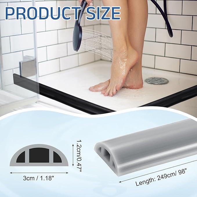 uxcell Shower Water Barrier, 98" Silicone Splash Guard Shower Water Stopper Retention System for Bathtub Sink Washing Machine Dry and Wet Separation, 1.18"W x 0.47"H, Gray