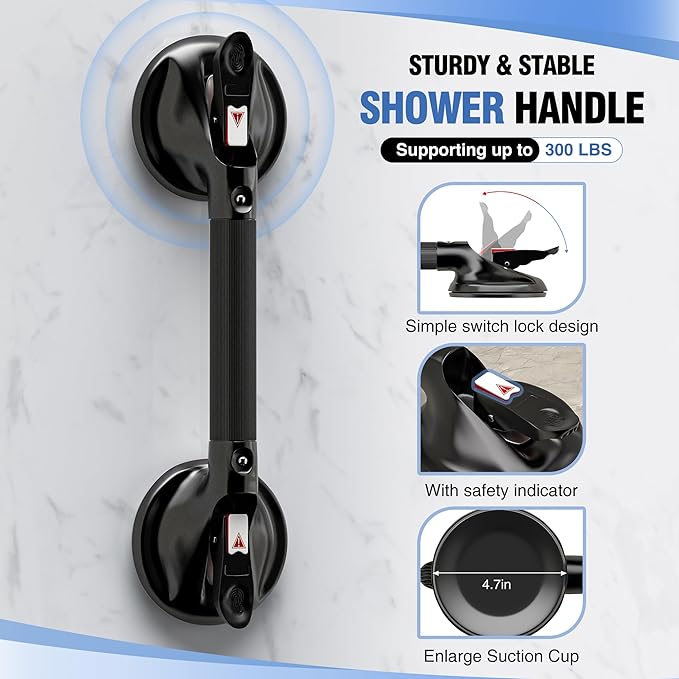 DAILYLIFE Grab Bars for Bathtubs and Showers, 19 inch Shower Handles for Elderly Suction, 300lbs Safety Shower Grab bar for Seniors and Elderly, Black(1 Pack)