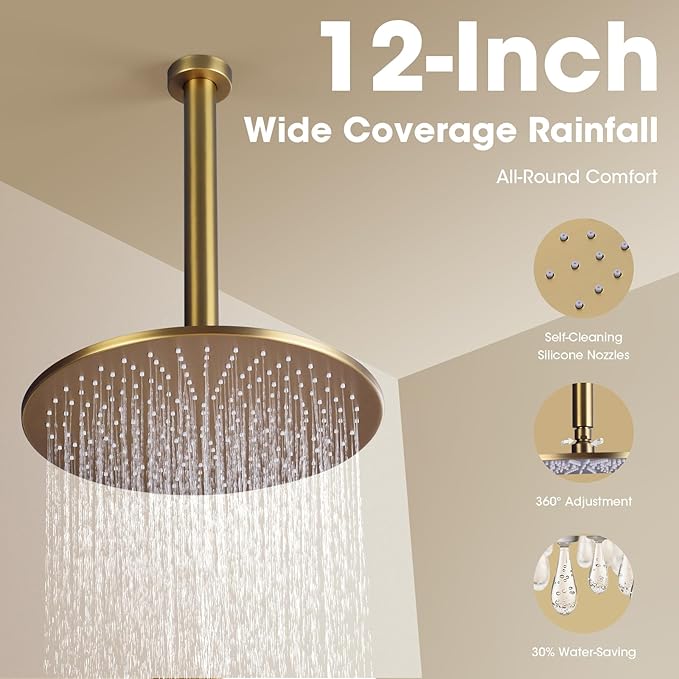 TRUSTMI 12 Inch Shower System with Pressure Balanced Valve Luxury Ceiling Mounted Rainfall and Handheld Shower Head Set Push Button Diverter, Brushed Brass Gold (Rough-In Valve and Trim Kit Include)