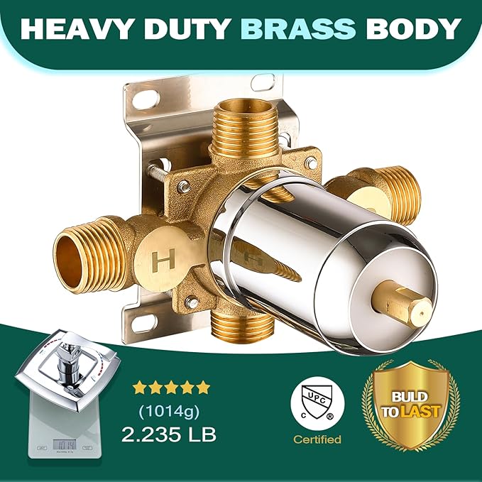 2 Way Shower Diverter Valve, All Metal Single-Handle Trim Kit Pressure Balance Shower Control Brass Rough-In Mixing Valve 1/2" NPT Connection, Polished Chrome
