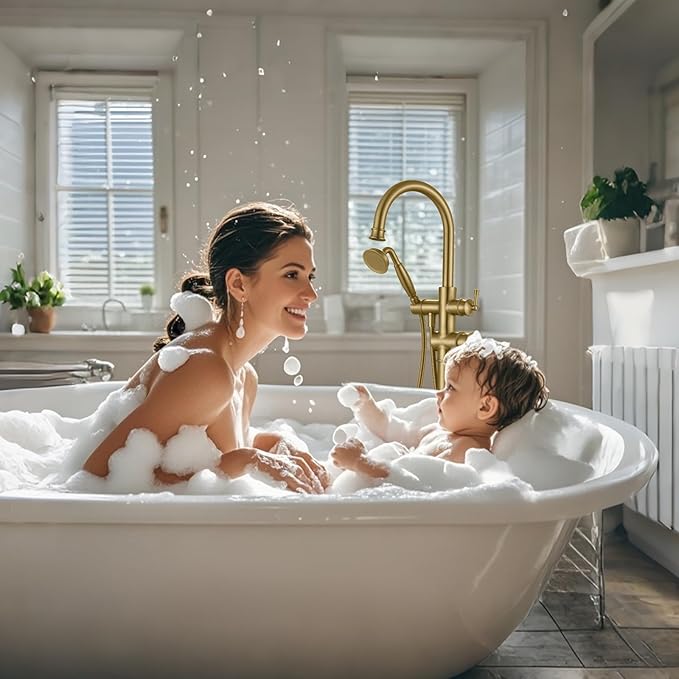 Freestanding Bathtub Faucet, Floor Mount Tub Faucet Brushed Gold High Flow Tub Filler, Roman Tub Faucet with Antique Handheld, Swivel Gooseneck Spout Shower Mixer Taps (B2311-BG)