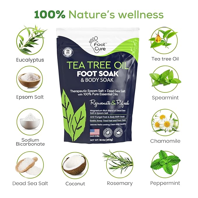 FOOT CURE Tea Tree Oil Foot Soak with Epsom Salt - Best Toenail Fungus Treatment, Athletes Foot & Softens Calluses - Soothes Sore & Tired Feet, Fungal Toe, Foot Odor Scent, Spa Pedicure (Pack of 2)