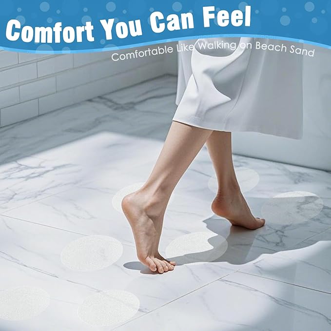 S&X 24 Pcs Non Slip Bathtub Stickers (Large 4" Round), Invisible Clear High Traction Grit Dots, Anti Slip Safety Treads for Tub, Shower Floor with Scraper