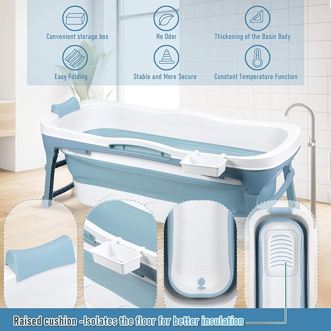 Portable Bathtub for Adult, 56'in Foldable Collapsible Tub, Ergonomically Designed Pop up Bathtub, For the Ultimate Relaxing Soaking Bath, Ideal for Small Spaces - Quick, Effortless Using Bl