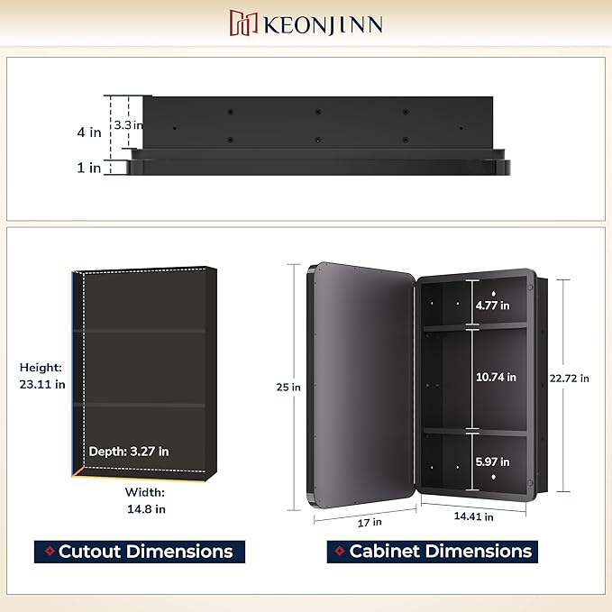 Keonjinn Gold Bathroom Medicine Cabinet with Mirror 16 x 24 Inch, Small Brushed Brass Medicine Cabinet, Stainless Steel Framed, Adjustable Shelves, Rounded Rectangular, Recessed or Surface Mount