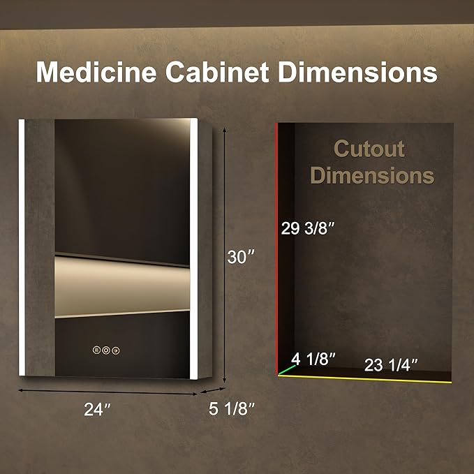 Medicine Cabinet with LED Lights and Mirror, 24 x 30 Inch Surface or Recessed Mounted Bathroom Cabinets with Door, Defogger, Memory Function, 3-Color Mode, Outlet&USB, Dimmer, Storage Shelf