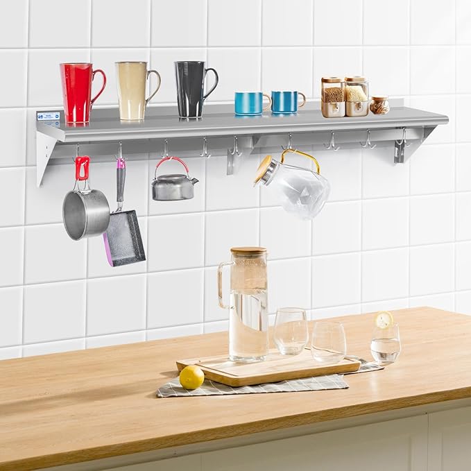 Hally Stainless Steel Shelf with 9 Hooks 12" x 60" Wall Mounted Pot Rack 315lb, NSF Commercial Floating Shelving for Storage Hanging Pots, Pans, cookware in Restaurant, Kitchen, Home and Hotel