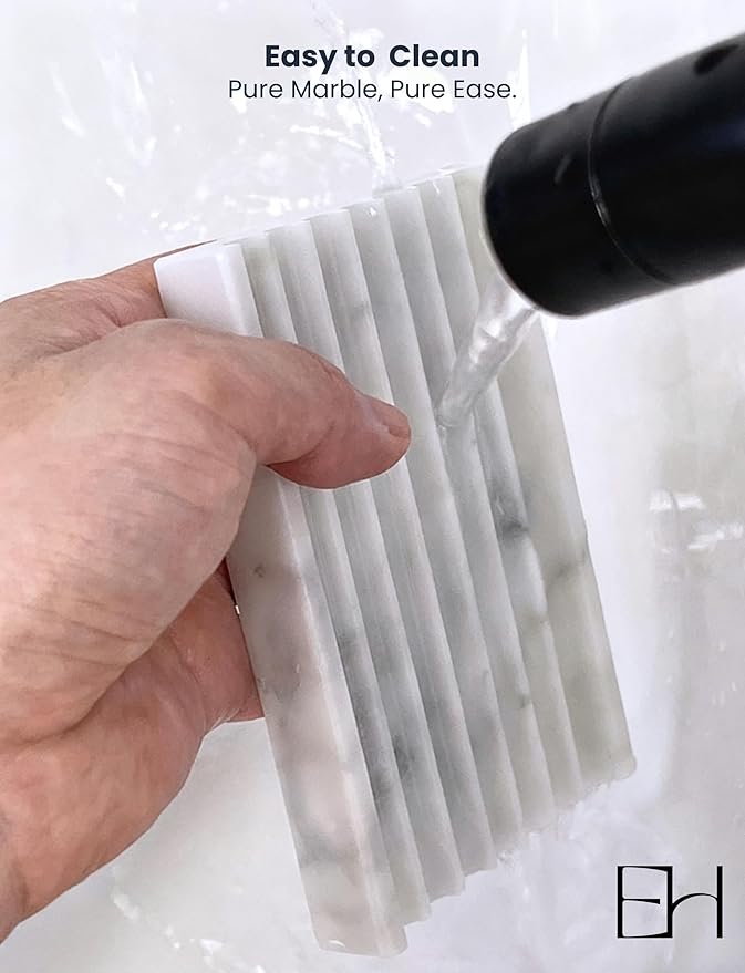 Marble Soap Dish - Soap Dish for Shower, Shower Bar Soap Holder, Stone Soap Container for Marble Bathroom Accessories, Decorative Dish with Drainage (Calacatta White, Rectangular)