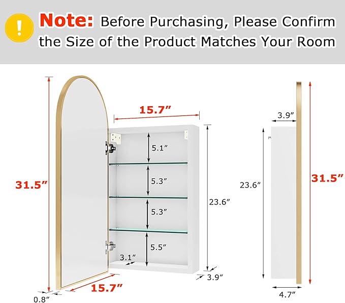 FKWin Arched Gold Bathroom Medicine Cabinet with Mirror, Left or Right Opening, Bathroom Mirror with Storage, Surface Mount Medicine Cabinet not Recessed, Gold, 16x32 inch