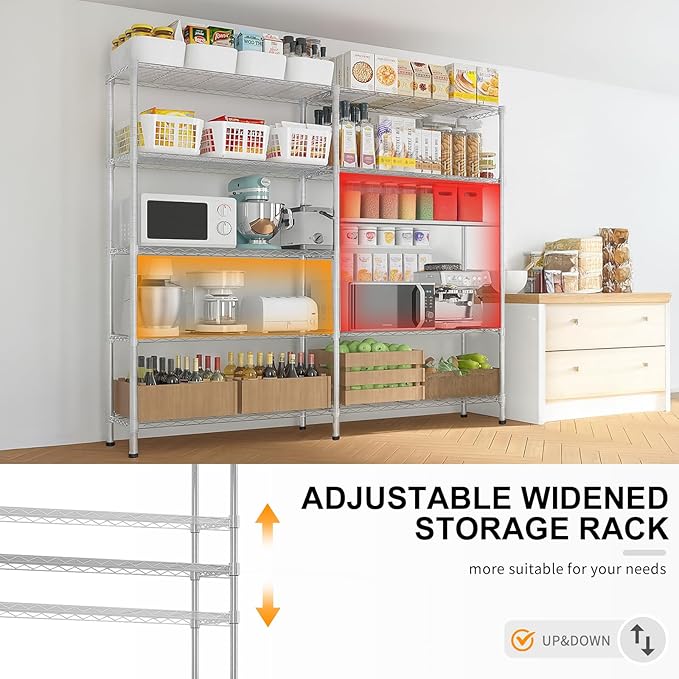 4 Tier Storage Racks Shelving, Heavy Steel Pantry Shelves, Adjustable Wire Shelving Rack, Suitable for Garage, Kitchens, Offices, 57.9" W x 13.8" D x 59" H, Chrome