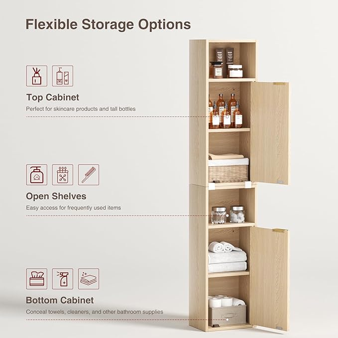 59.1" Tall Slim Bathroom Storage Cabinet Oak | Freestanding or Wall Mounted Modular Cabinet, Fluted Panel Linen Tower with Adjustable Shelves for Small Spaces
