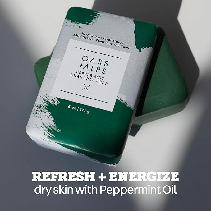 Oars + Alps Peppermint Charcoal Exfoliating Bar Soap for Men, Deep Cleaning & Exfoliating Soap, Made with Clean Ingredients, All Skin Types, Cruelty Free, Paraben Free, Travel Size, 3pk, 6oz