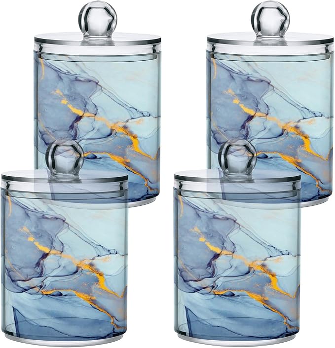 MNSRUU 4 Pack Qtip Holder Organizer Dispenser Teal Blue Marble Bathroom Containers Bathroom Vanity Storage Canister Apothecary Jars for Cotton Swabs/Pads/Floss