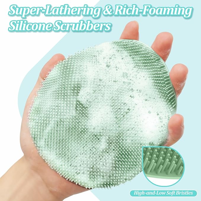 Silicone Back Scrubber & Soft Bath Glove 2PCS, 16''- 21''Extendable Back Scrubber with Dual-Side Large Head, 360° Anti-Slip Hand-fit Silicone Body Scrubber for Rich Foaming Deep Cleaning(Green)