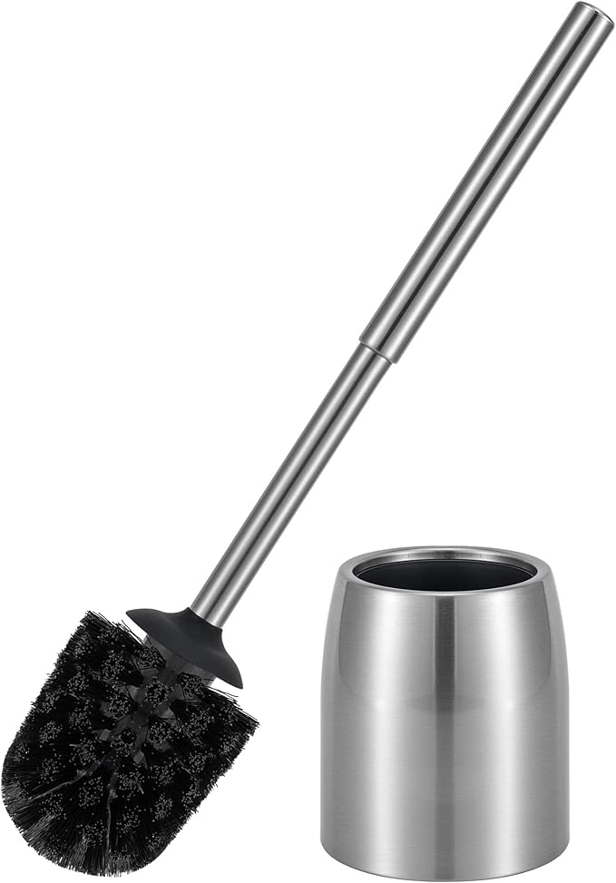 Toilet Brush and Holder Set Stain Nickle Stainless Steel 12In Handle BristlesToilet Bowl Brush Cepillo para Baños Bathroom Brushes Cleaning Brush with Case Anti-Rust Brushed Silver