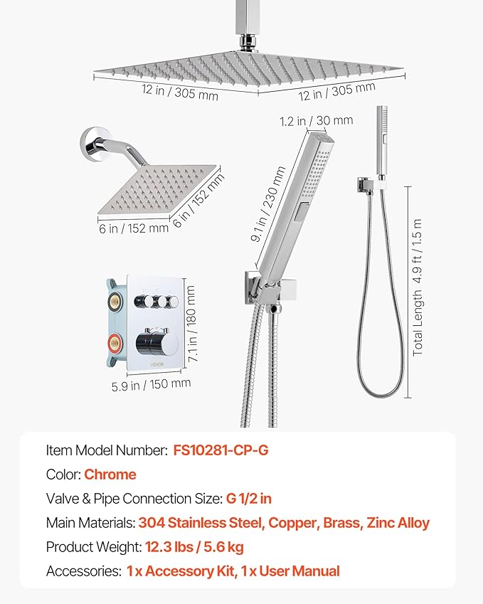 VEVOR Shower Faucet Set, 12 Inch Thermostatic Ceiling Mount Rainfall Shower System with 6 Inch Wall Mount Head and 2 in 1 Handheld Spray, 3-Function Dual Rain Head Brass Valve and Trim Kit, Chrome