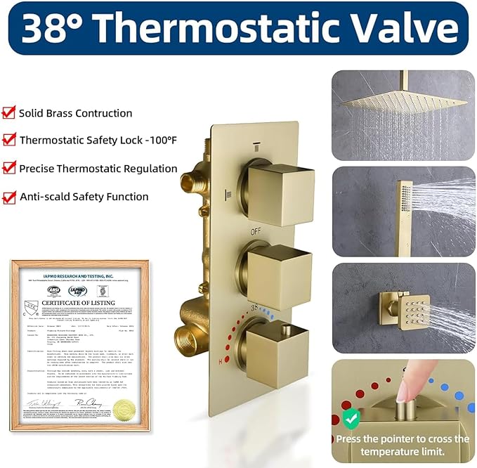HOMEDEC 3 Way Shower Diverter Valve, Water Diverter with Temperature Control, Shower Mixing Valve with 3 Square Knobs, Brushed Gold