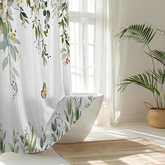 No Hook Shower Curtain and Liner Set, Green Eucalyptus Floral Shower Curtains for Bathroom, Bath Curtain Sets with Snap in Liner, Waterproof with See Through Top Window, 54x80 Inches