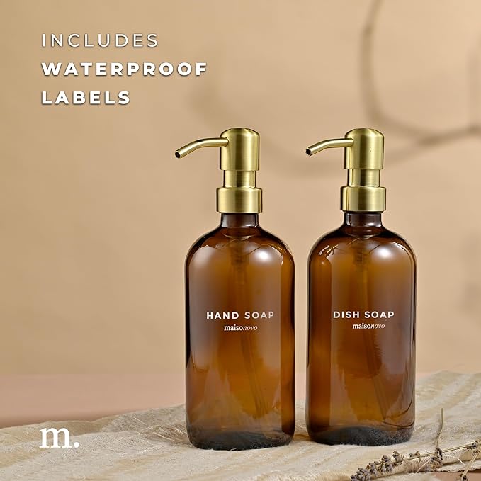 MaisoNovo Soap Dispenser 2-Piece Set | 16.9oz Amber Bottles with Gold Stainless Steel Pumps